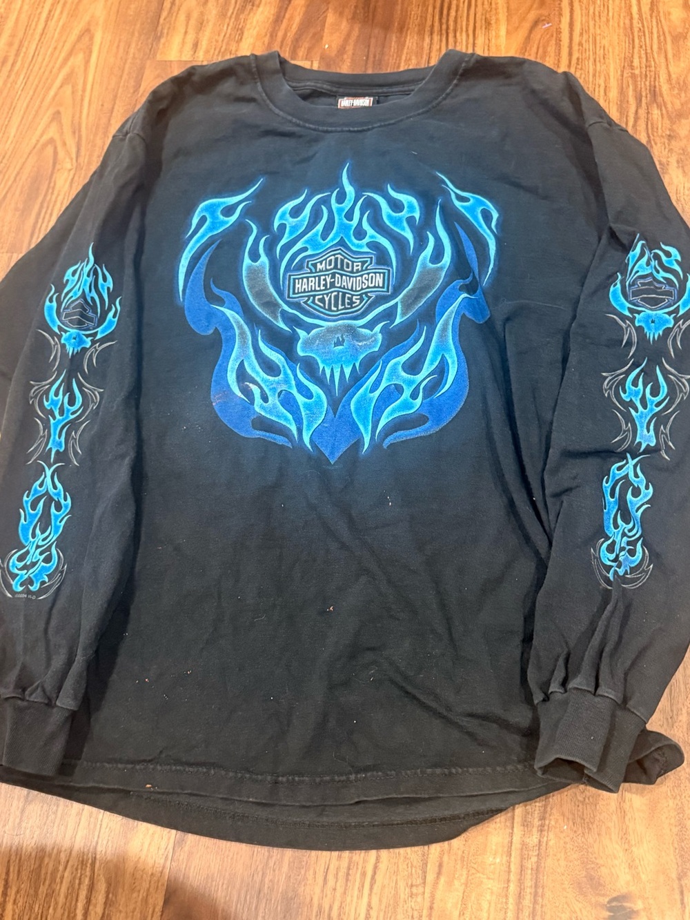 VTG Harley Davidson Blue Flame Skull Long Sleeve T Shirt Y2K Biker Distressed